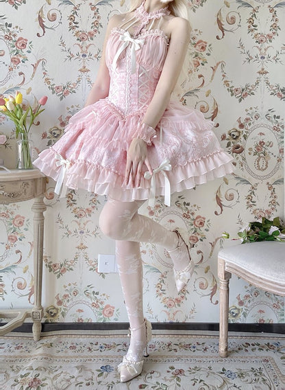 Neck Balletcore Corset Lolita Dress Pink Belle JSK Halter Cross