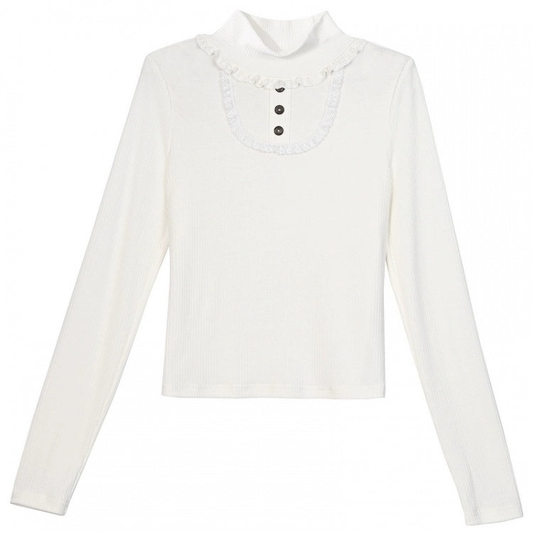 White High Neck Lace Trim Long Sleeves Top