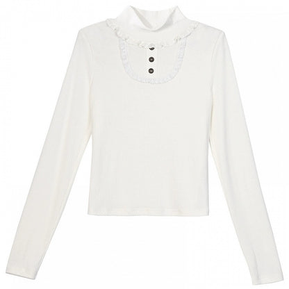 White High Neck Lace Trim Long Sleeves Top