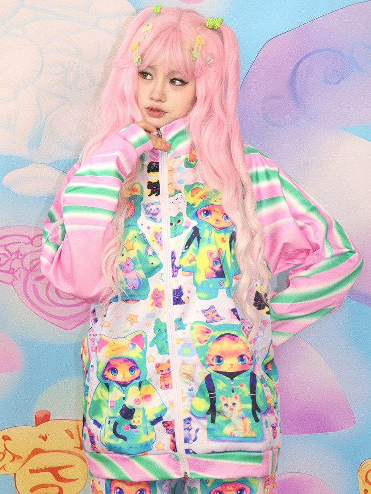 PinkGrüne Katzenjacke Print Y2K