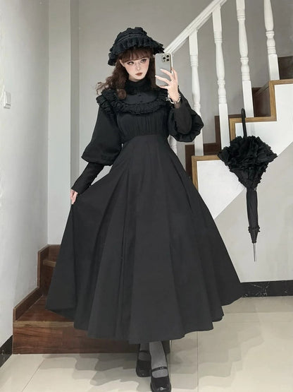 Long-Sleeve Black Dress Lolita Ruffled Waist Classic High Elegant