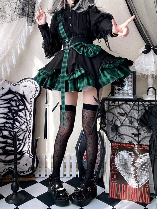 Black and Green Plaid Pattern Punk Idol Skirt with Straps