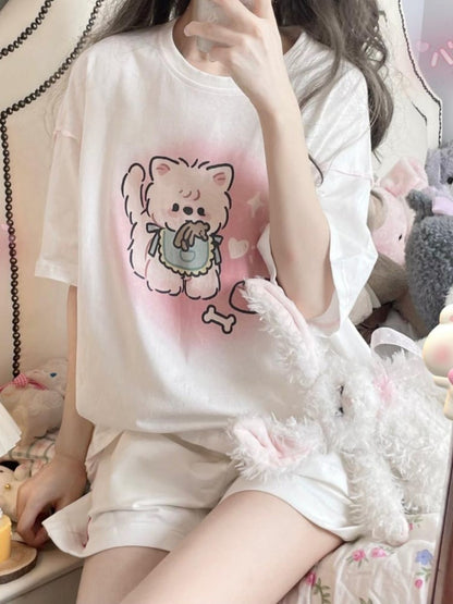 White Puppy Print Graphic T-shirt