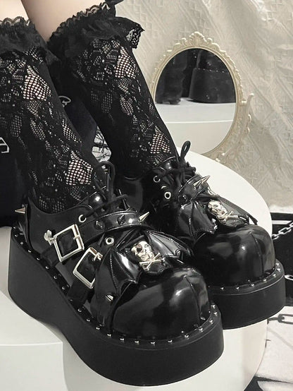 Y2K Black Punk Stud Buckle Strap Bat Wings Platform Shoes