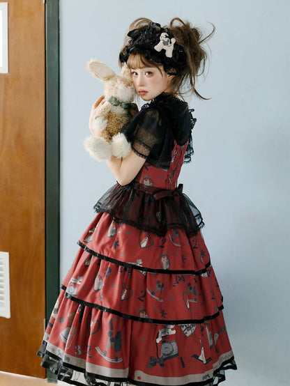 Puppy and Telephone Print Tiered Skirt Black and Red Sweet Lolita Jumper Skirt