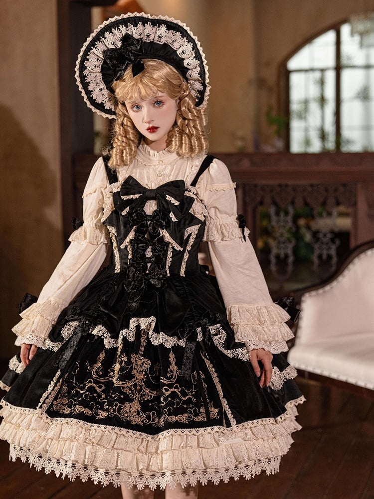 Decoration Dress JSK Velvet Candle Embroidery Lolita / Bows Black