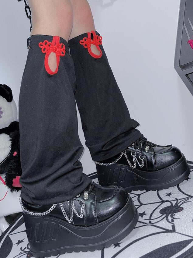 Y2K Warmers Leg BlackRed Knot Button Cheongsam Style