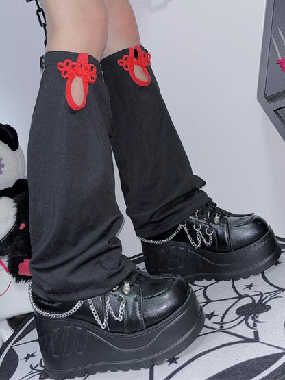 Y2K Warmers Leg BlackRed Knot Button Cheongsam Style