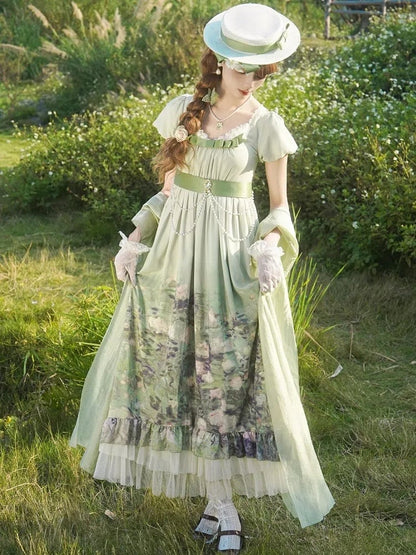 Empire Set Painting Oil Roses Lolita Elegant Green Print Waist OP Skirt
