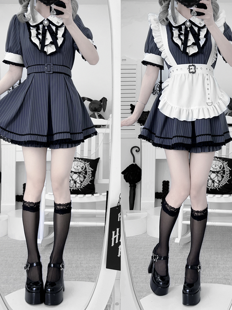 Set Collar Dark Peter Blue Top Pan Kei Stripes Maid Shorts Jirai with