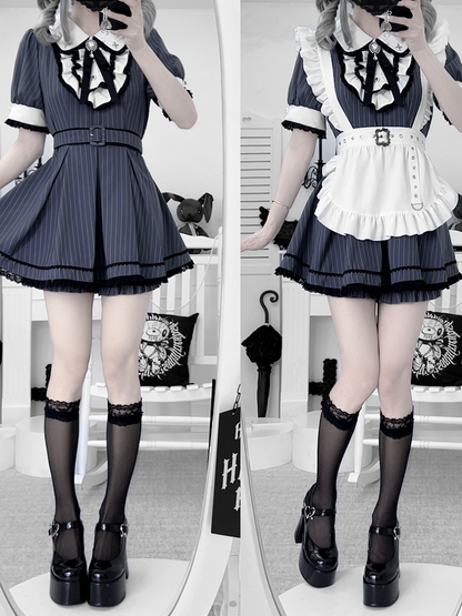 Set Collar Dark Peter Blue Top Pan Kei Stripes Maid Shorts Jirai with