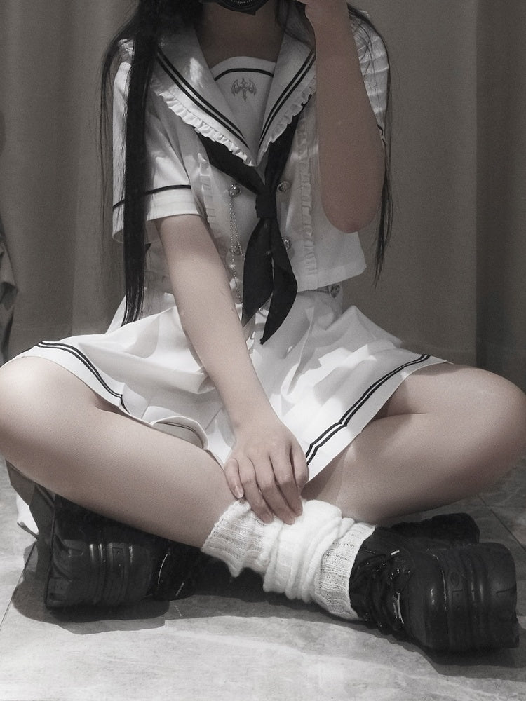 Pleated Sleeves White Navycore JK + Collar Short Skirt Uniform Sailor Set- Top