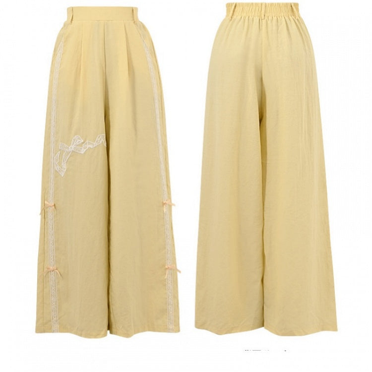 Bowknot Embroidery Wide-Leg Pants Yellow Regular/Short Version Waist High