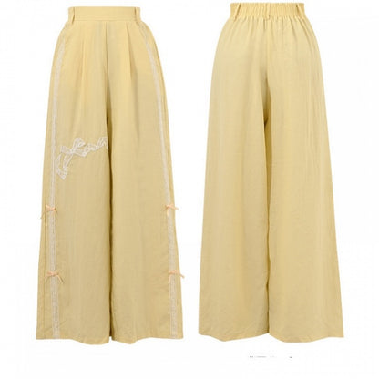 Bowknot Embroidery Wide-Leg Pants Yellow Regular/Short Version Waist High