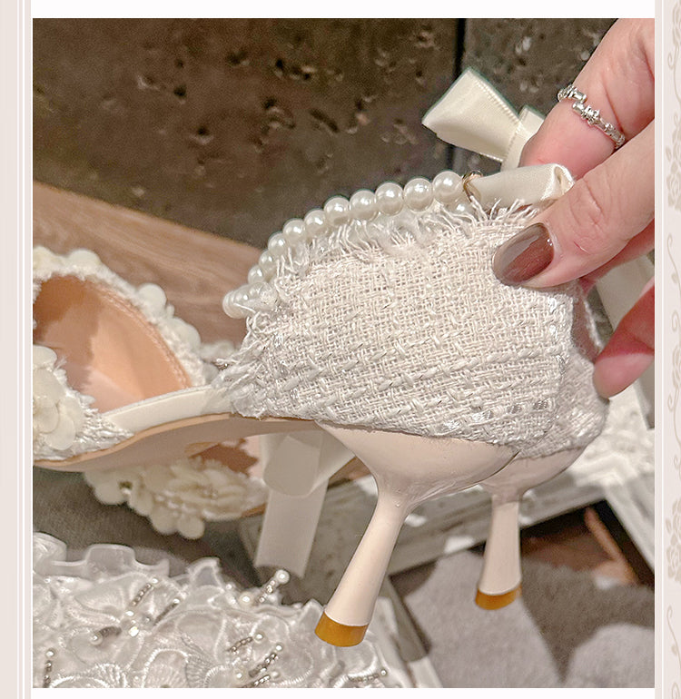 Beige Pointed Toe Floral High Heels with Beaded Chain