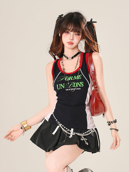 Design Letter Print Tank Top Navy Blue Colorblock