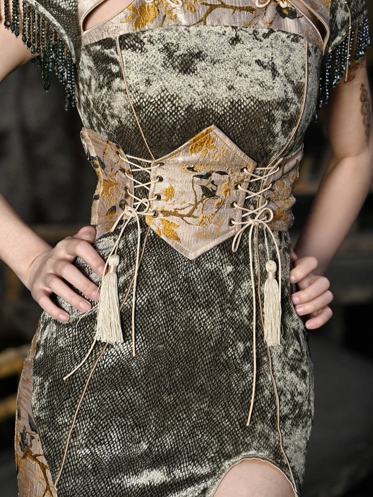 Yellow Lace-up Tassels Chinoiserie Corset Belt