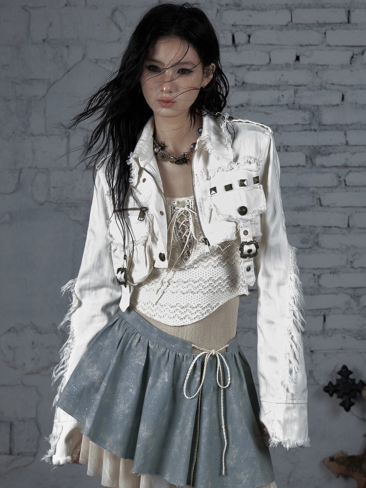 Studs Buckle Decorated And Wasteland Cropped White Punk Jacket