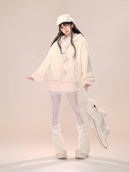 Apricot Bunny Ear Design Thick Hooded Coat