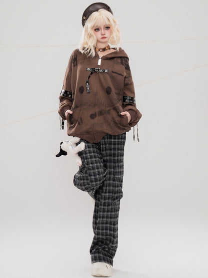 Black Plaid Pattern Cargo Pockets Design Straight-leg Cut Pants