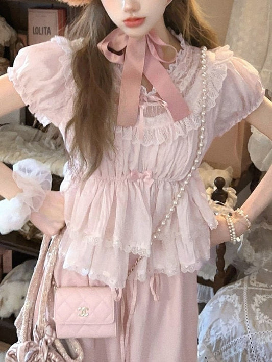 Lace Trim Hem With Peplum Top Puff Pink Sleeves