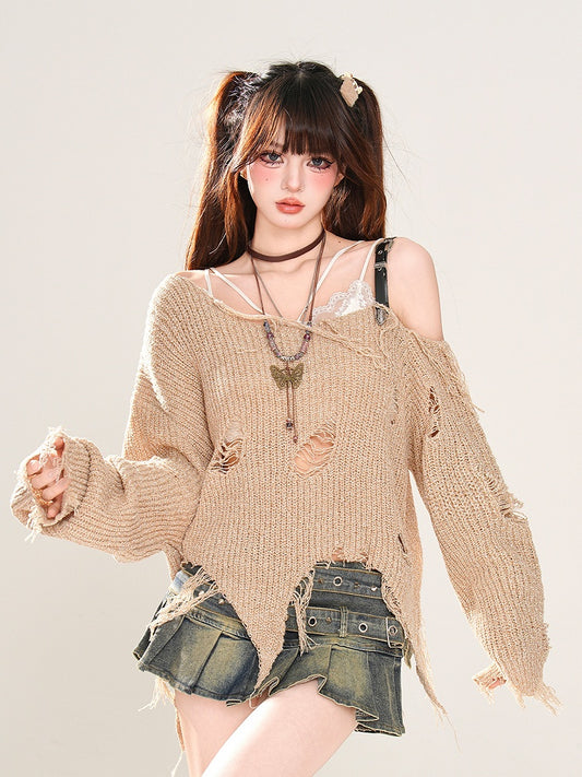 Knitted Punk Khaki Asymmetrical Neckline and Top Hem Holes Wasteland Distressed