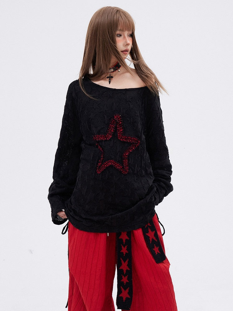 Black Star  Long Sleeves Drawstring T-shirt