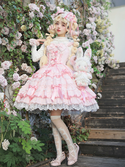 Skirt Sleeves Jumper Old School Lolita Cotton Flutter Pink Dress Lace-up Waist Lace Trim