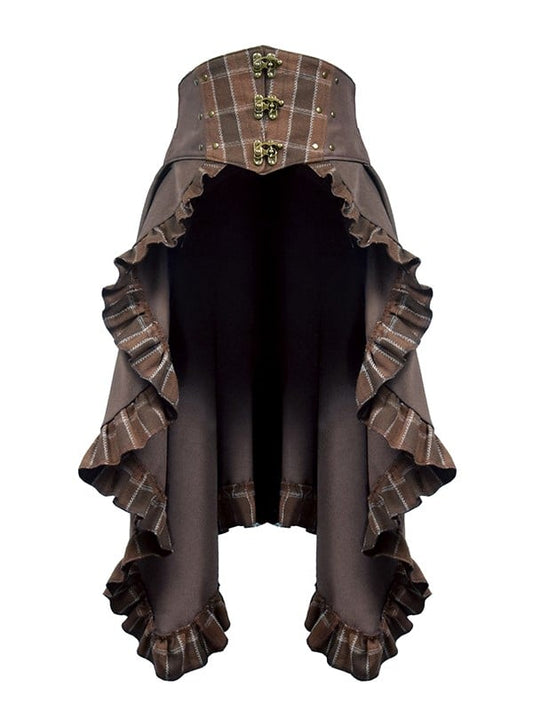 Train Hem Brown Ruffled Plaid Dark Pattern Steampunk