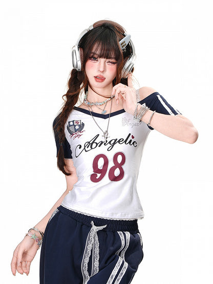 Navy Blue/White Asymmetrical Neckline Cutout Shoulder Number Glamorous T-Shirt