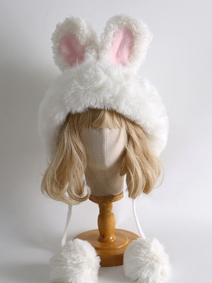 Bonnet en peluche blanc avec oreilles de lapin Lolita et pompons