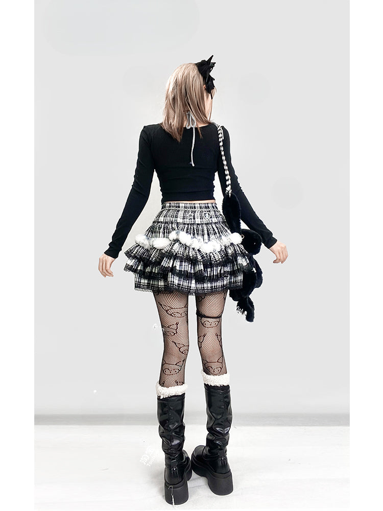 Black Plaid Pattern Lace Trim Tiered  Skirt