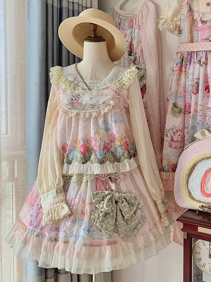 Cottagecore Patchwork Print Sweet Lolita Skirt with Detachable Straps Short Version