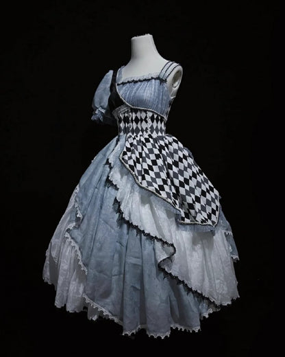 Blue Asymmetrical Design Checkerboard Pattern Lolita Dress Long Version