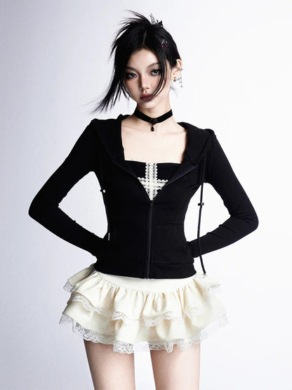 White Lace Cross Design Black Curved Hem Glamorous Mini Trim Strapless Tiered Skirt Lace Top/Apricot