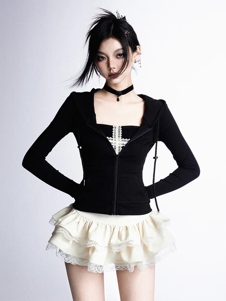 Tiered Skirt Strapless Lace Mini Trim Top/Apricot White Lace Cross Design Black Curved Hem Glamorous