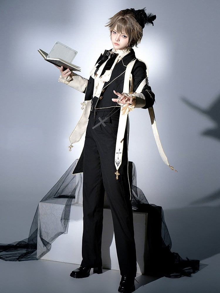 Ensemble complet style Prince Ouji Lolita : chemise à manches longues + manteau à col blazer + pantalon taille haute