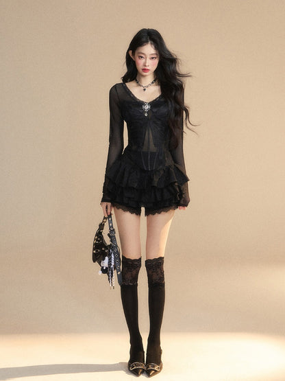 Rhinestone Embellished Glamorous Top Black V-neck Butterfly Embroidery