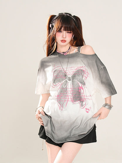 Butterfly Rose Pink/Pink/Gray Loose Shoulder T-Shirt Print Ombre Cutout