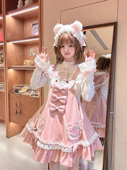 on Polka-dot Bowknot Lolita Jumper Skirt Details Bunny Ears Design Sweet Waist Hood Pink