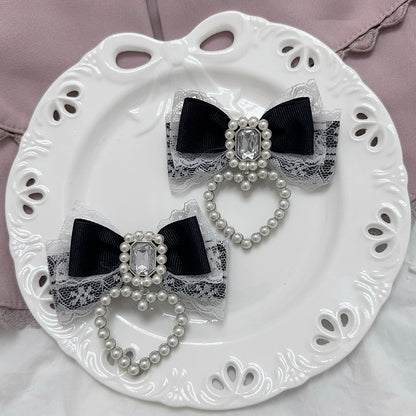 Jirai Kei Rhinestone and Beaded Heart Accents Bowknot Hairclips