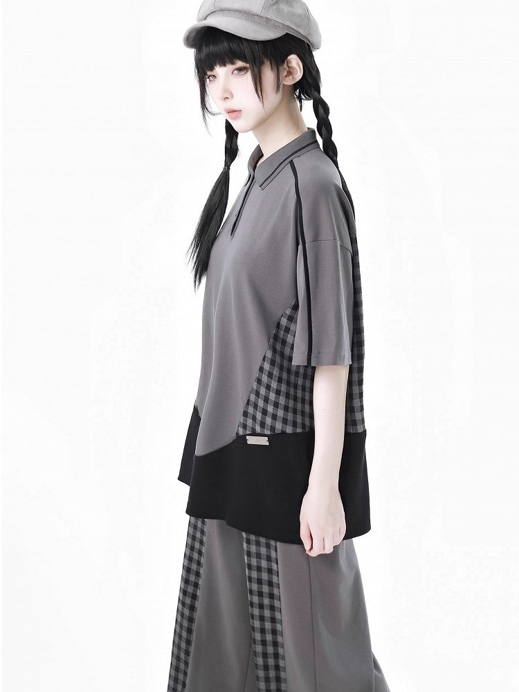 Gray Plaid Patchwork Design Polo Collar Loose Casual T-Shirt