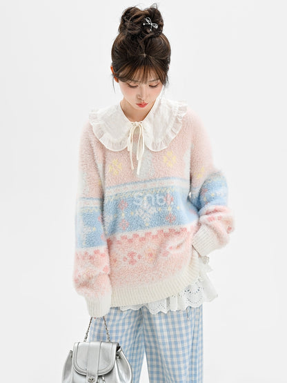 Pink Cute Bunnies Pattern Round Neck Soft Sweater