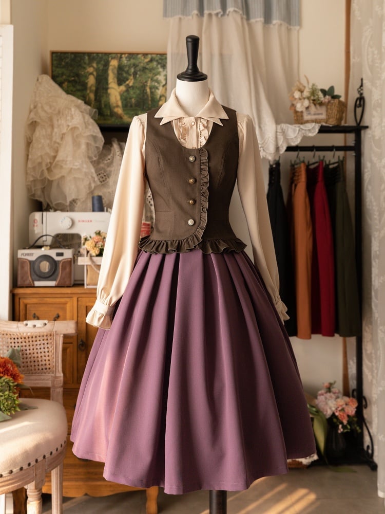 Dusty Purple High Waist Pleated Hem Lolita Skirt Lace-up and Shirring Back