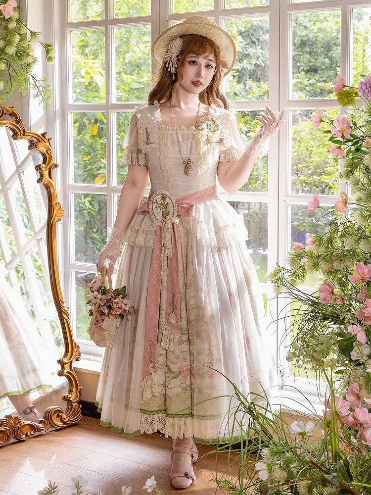 Skirt Waist + Floral Sizes Elastic Print Classic Square - Neckline Plus Available Lolita Set Elegant Blouse