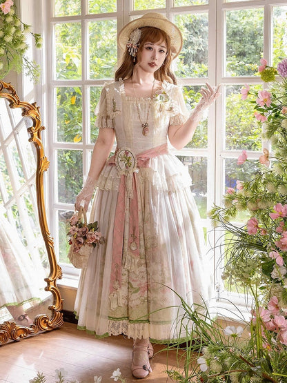 Skirt Waist + Floral Sizes Elastic Print Classic Square - Neckline Plus Available Lolita Set Elegant Blouse