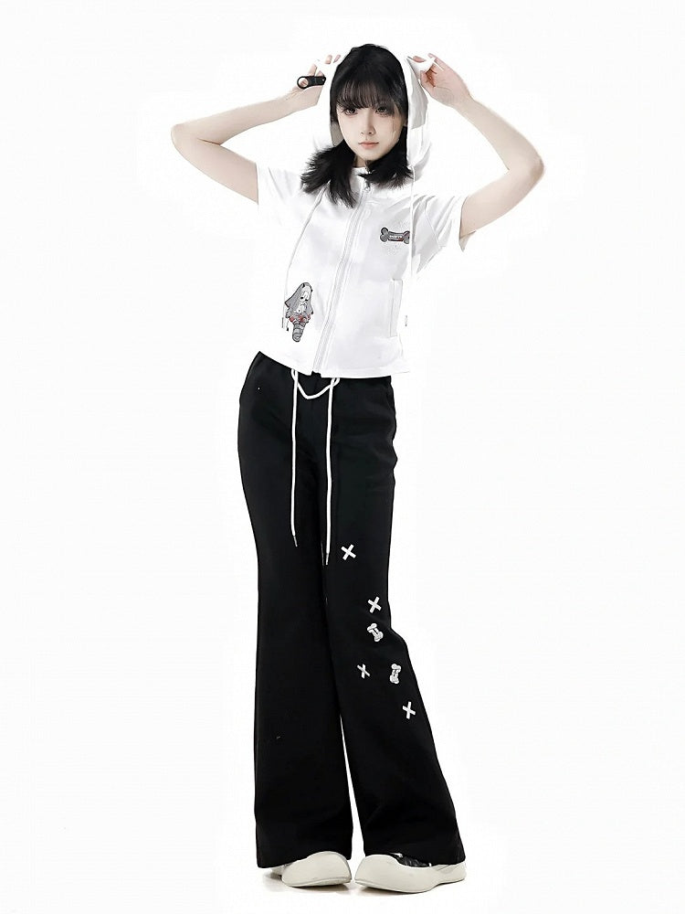 Bone Embroidery Drawstring Waist Flared Pants Black/Blue/Gray