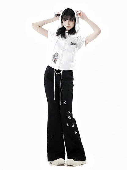 Bone Embroidery Drawstring Waist Flared Pants Black/Blue/Gray