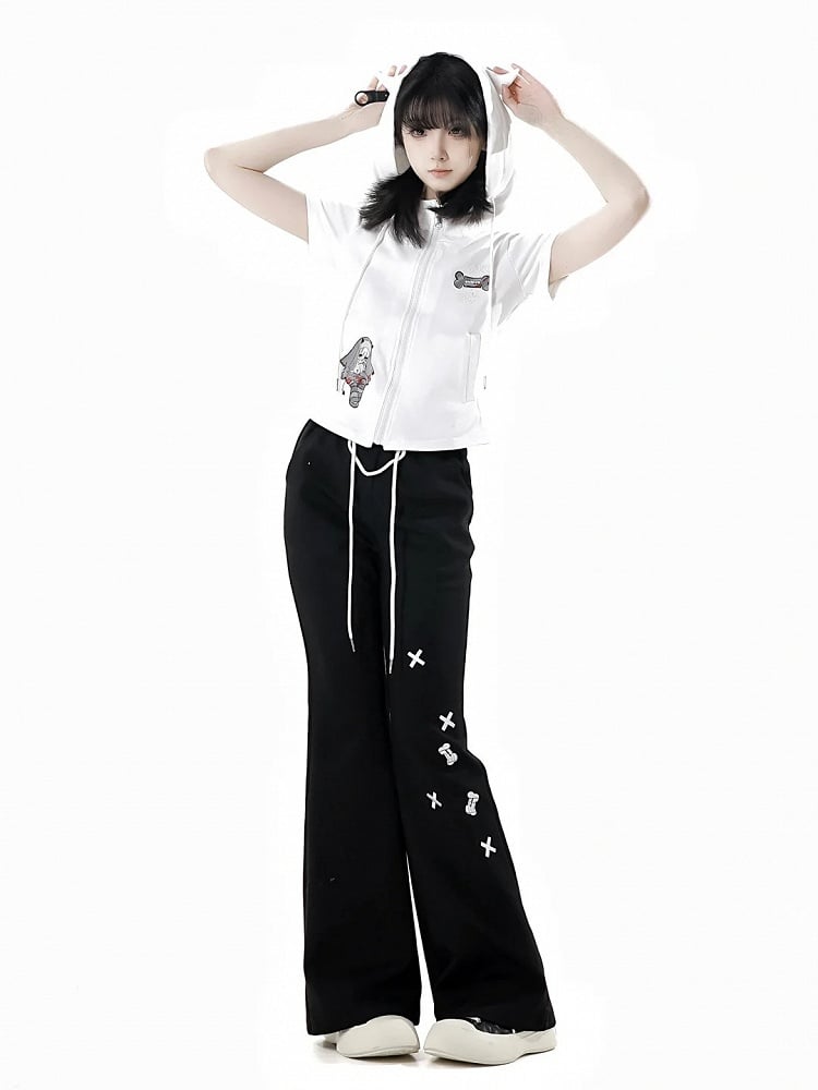 Short Sleeves Top Black/White Devil Horn Design Hood Zip Closure