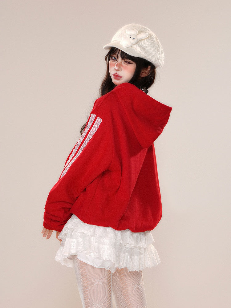 Red Lace-up Bowknot Embroidery Hoodie